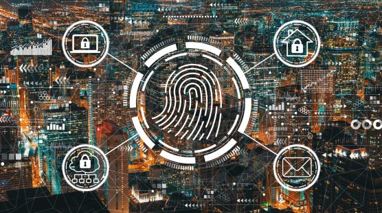 Fingerprint scanning theme with downtown Chicago cityscape skyscrapers